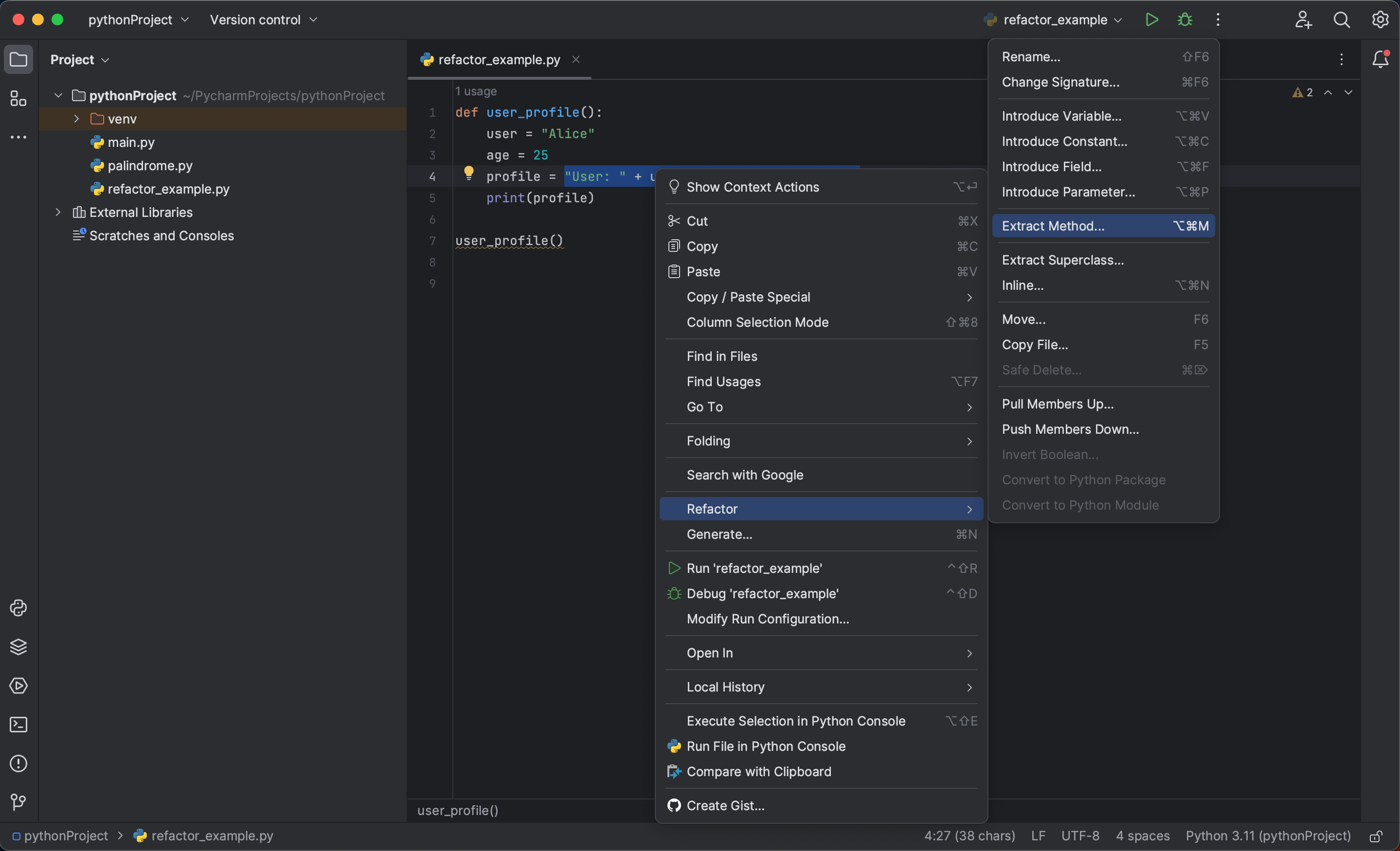 Screenshot illustrating the process of extracting a method in PyCharm
