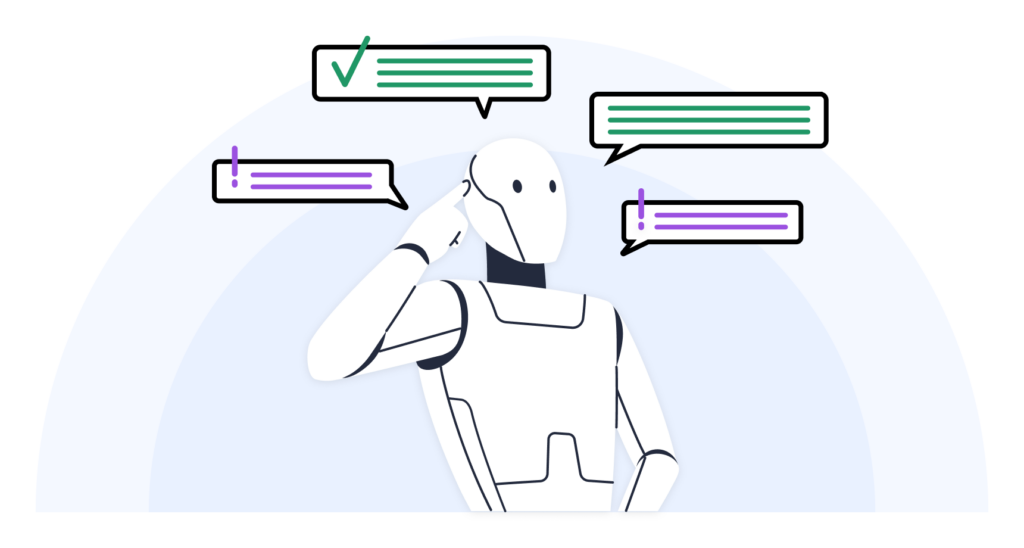 An illustration of an android pondering code with dialogue bubbles containing checkmarks and exclamation points.