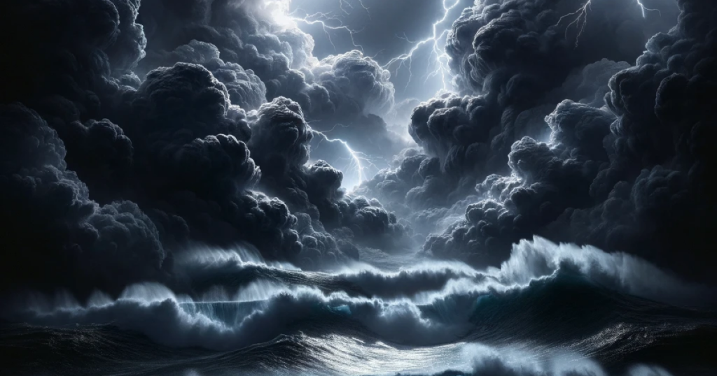 "Captured by OpenAI's Dall-E from a prompt envisioning a stormy sea at night, this image showcases nature's fury through towering waves and lightning, illuminated by a fleeting moon, encapsulating the sea's untamed essence."