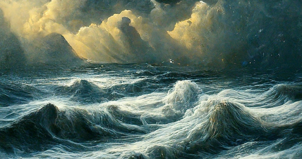 "Rendered by Google's ImageFX, this image captures the ocean's raw ferocity with waves rising in a furious crescendo, all under the watchful gaze of a moon that casts a serene glow amidst the tempest's chaos."