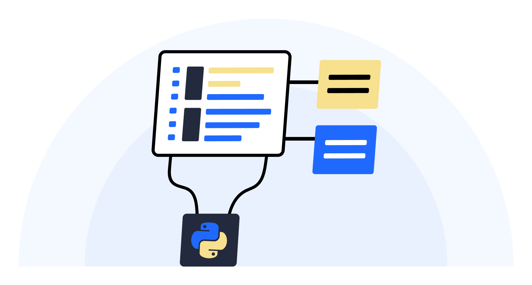 Graphic of Python code leading to structured data blocks, representing data organization