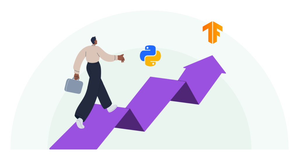 Illustration of a person walking on a purple arrow-shaped path of stairs, featuring Python and TensorFlow logos, symbolizing the journey of learning AI chatbots