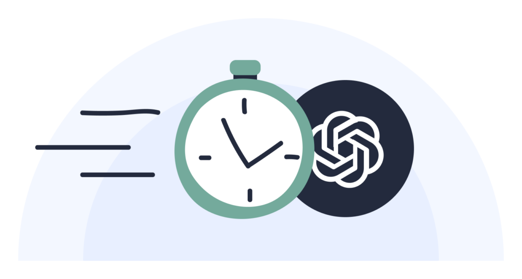 Image of a clock adjacent to the OpenAI logo, with horizontal lines indicating swift motion, symbolizing the rapid development of AI models