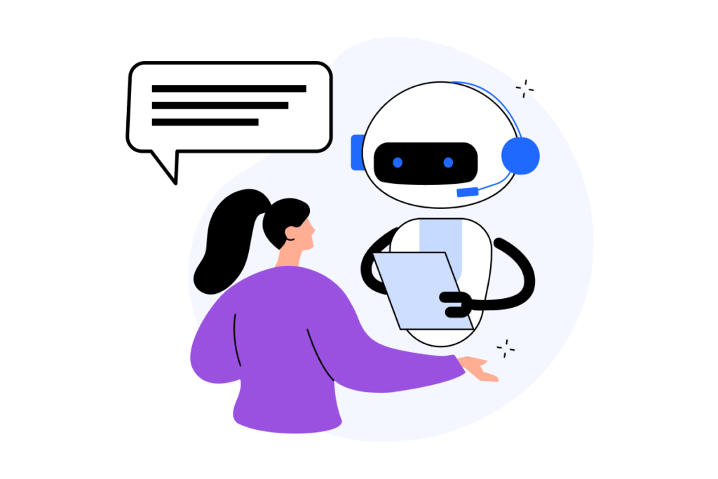 Image of a woman conversing with a chatbot avatar wearing a headset and taking notes on a clipboard