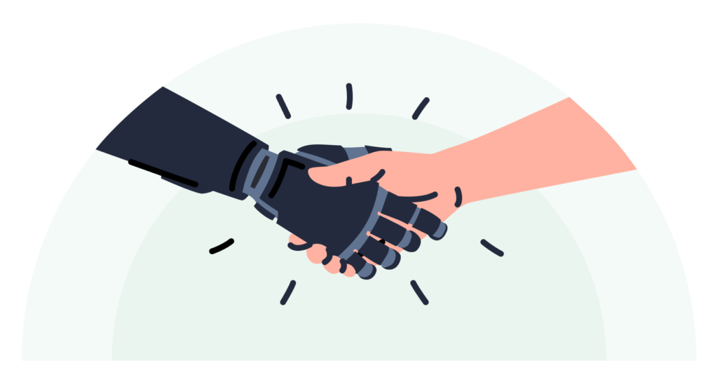 An image depicting a human and AI working together, shaking hands.