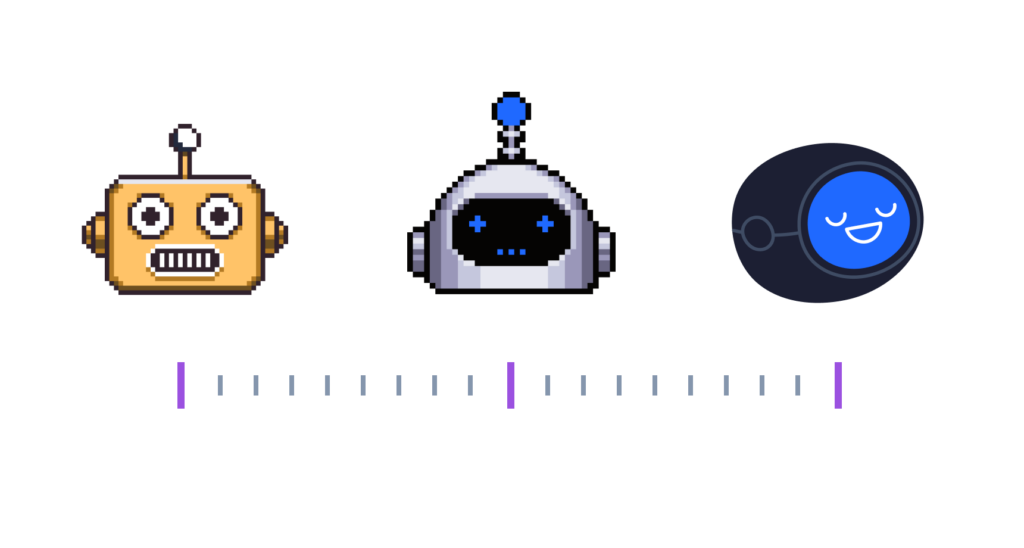 Progression of chatbot icons from simple to advanced, with a parameter slider below, illustrating being able to control chatbot parameters.