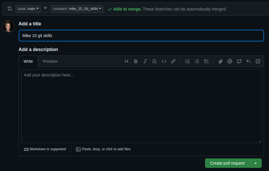 Screenshot showing GitHub pull request title and description .