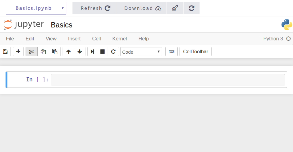 Empty Jupyter notebook showing a coding cell.