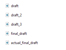 A file explorer with Python files named "draft", "draft_2", "draft_3", "final_draft", and "actual_final_draft" to demonstrate how messy versioning can be without a version control system like Git.