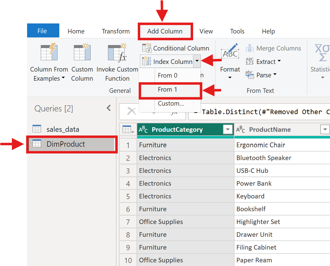 Power BI DimProduct Index Column