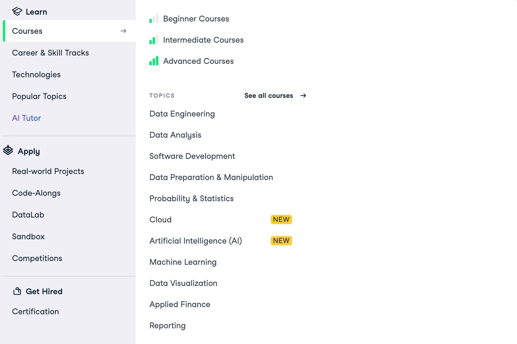 DataCamp's Course catalog