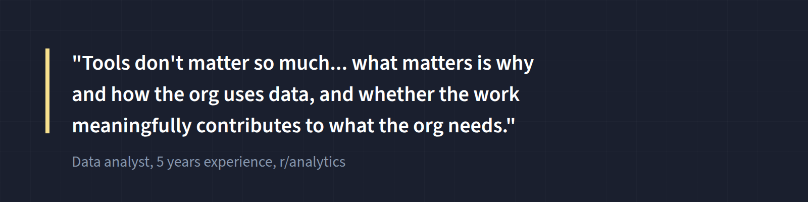 Quote card: tools don't matter so much, what matters is why and how the org uses data, and whether the work meaningfully contributes to org needs. Data analyst with five years of experience, r/analytics