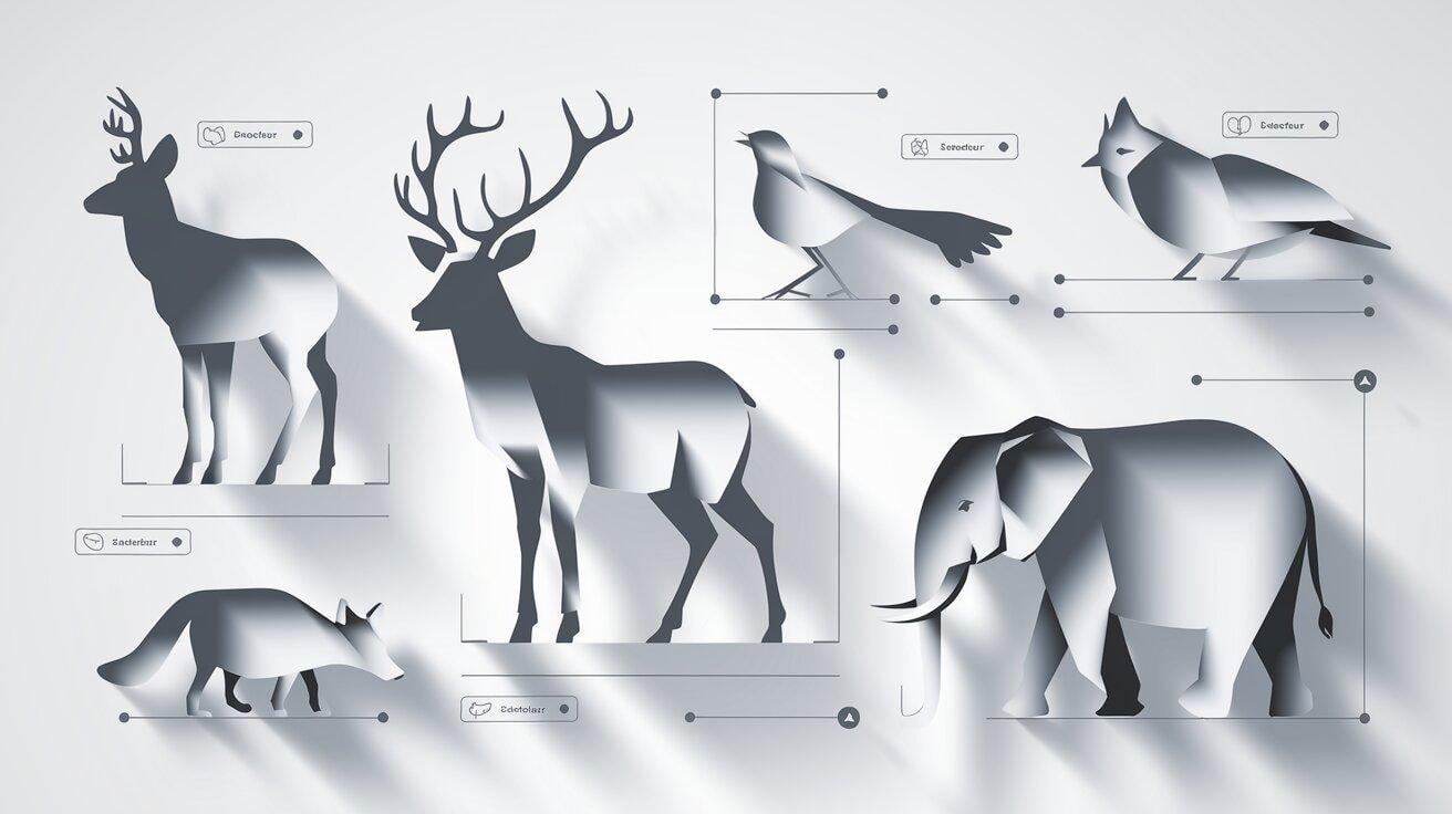 An illustration of assorted wildlife silhouettes being measured and classified