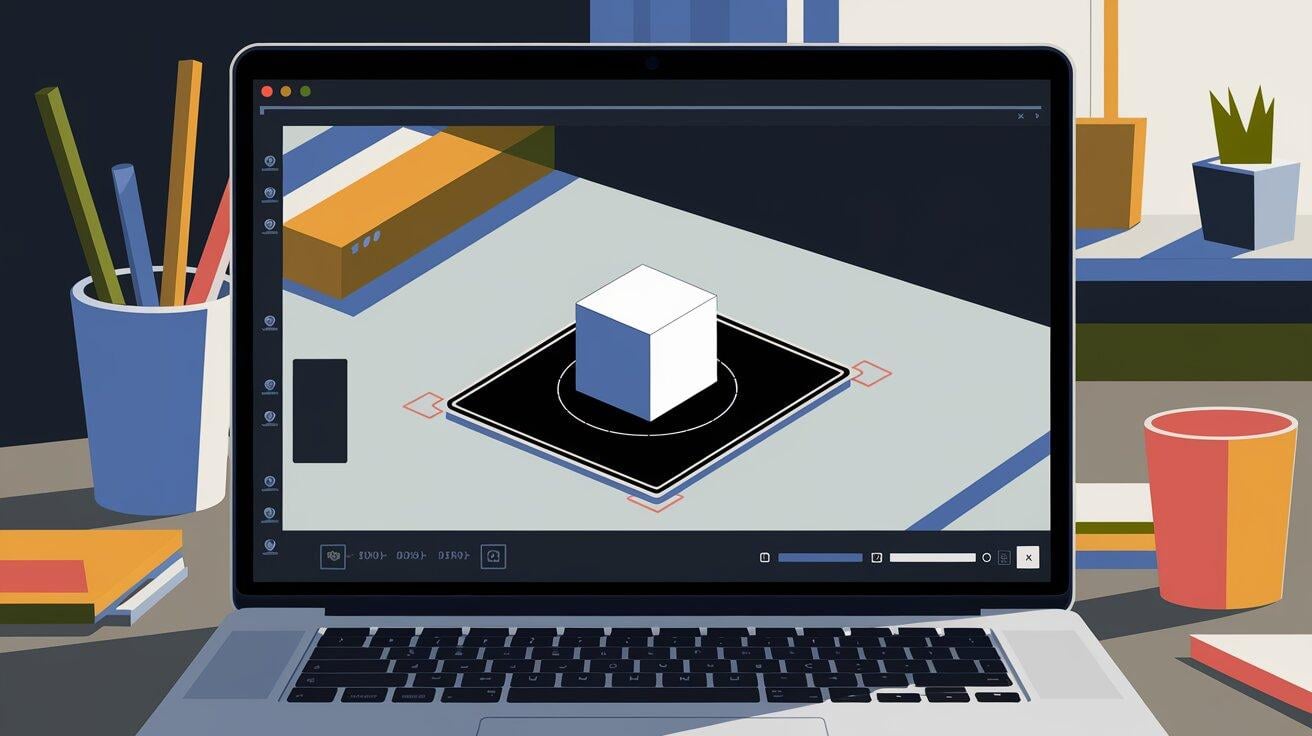 An illustration of a laptop displaying a 3D cube projected onto a marker