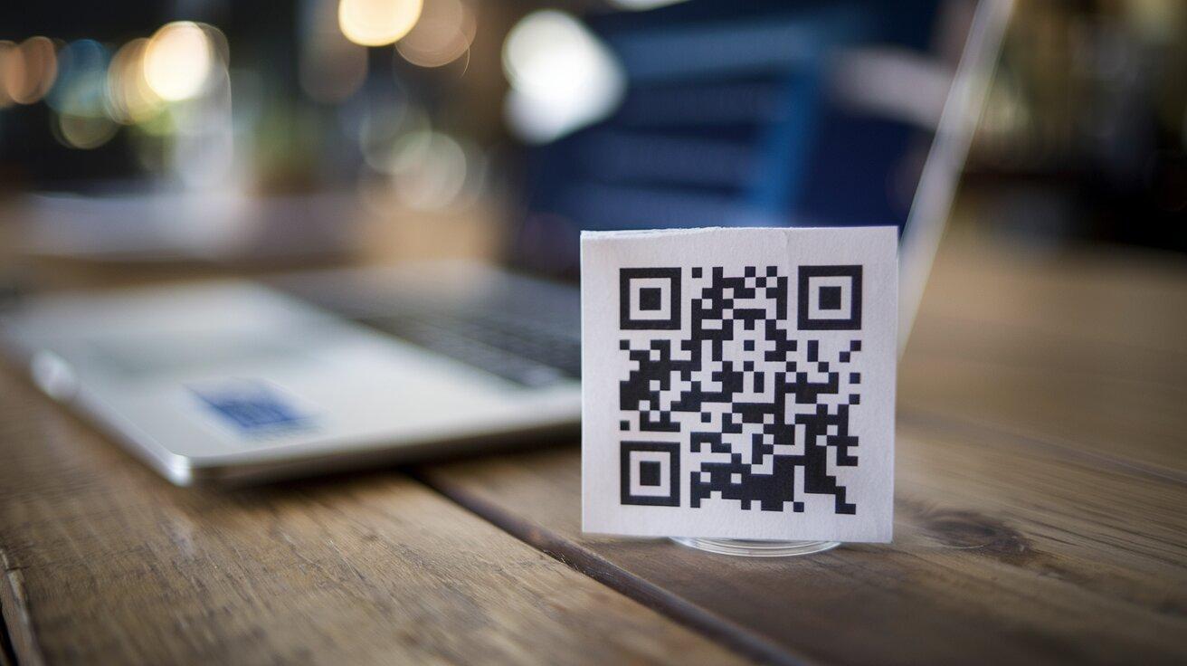 A printed QR code standing on a desk in front of a laptop