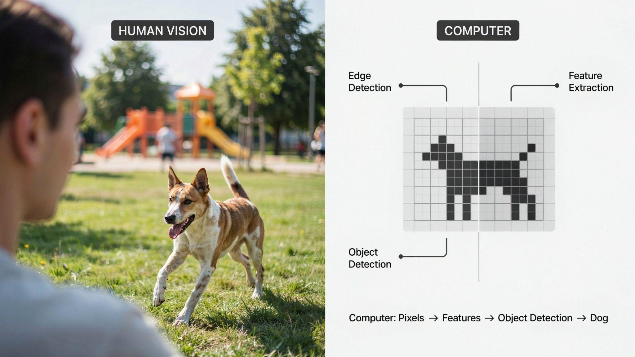 Side by side comparison of a person seeing a dog and a computer processing the same scene as pixels, features, and an object detection result