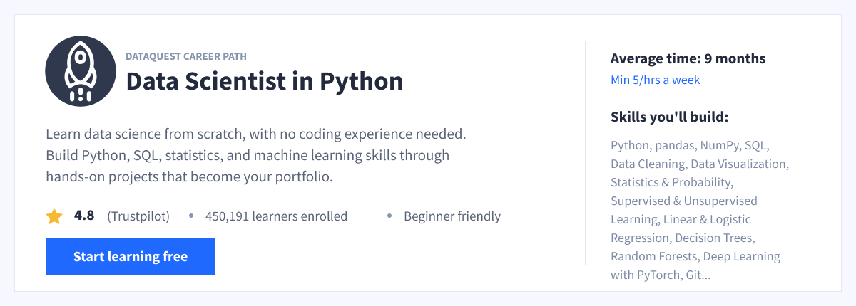 Data Scientist in Python career path: 9 months at a minimum of 5 hours a week, beginner friendly