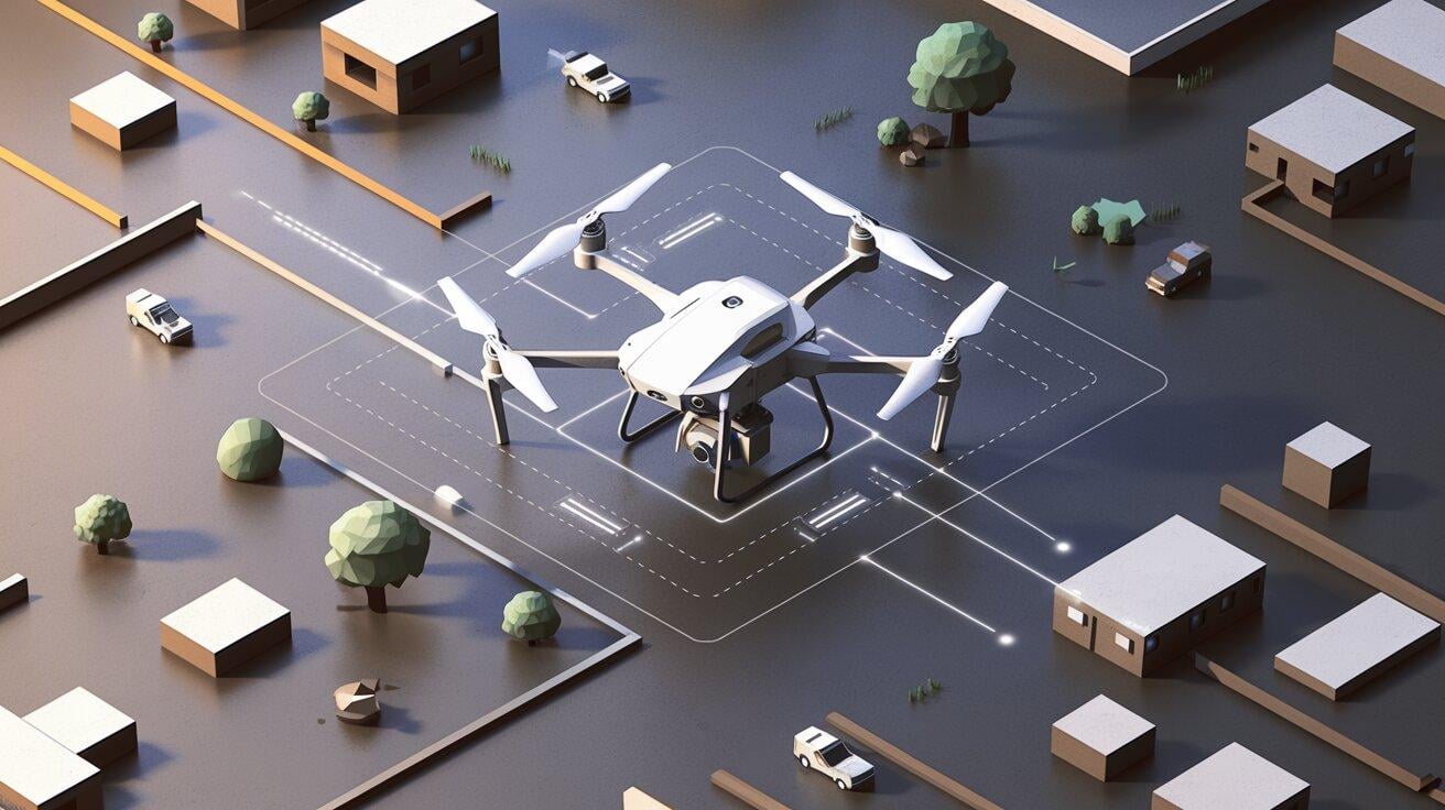 An illustration of a drone flying above a stylized town while analyzing the scene below