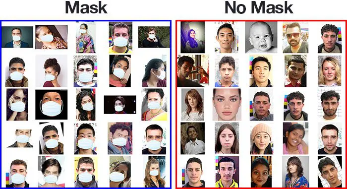 Two labeled grids of face photos, one headed Mask and one headed No Mask