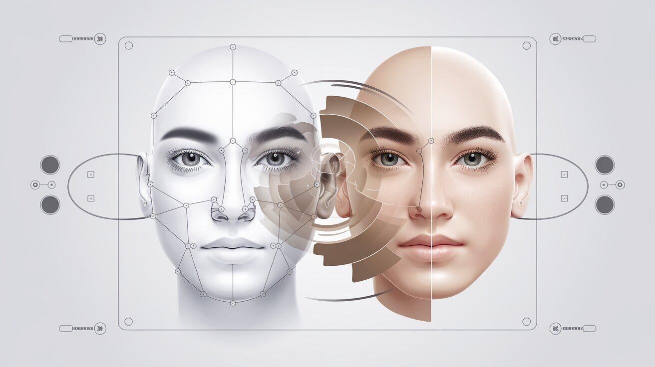 An illustration of two faces being aligned and blended using facial landmark points
