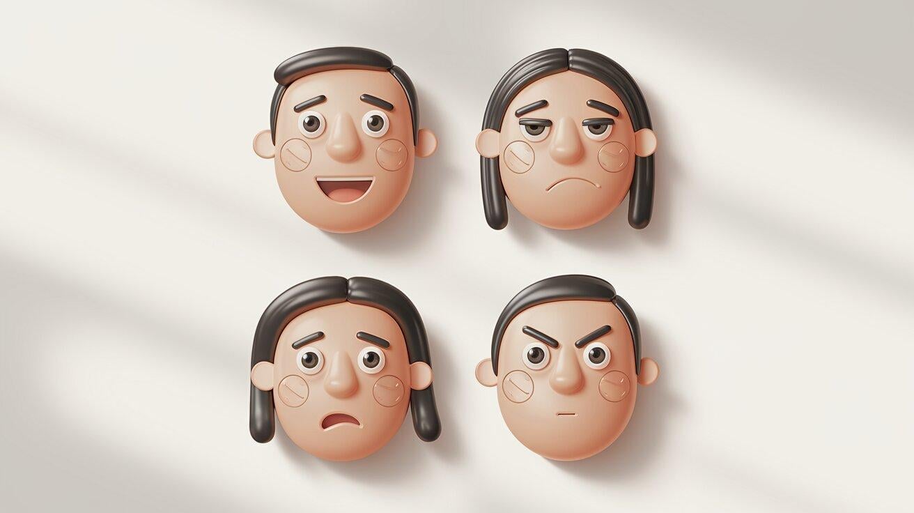 Four stylized faces showing different emotional expressions