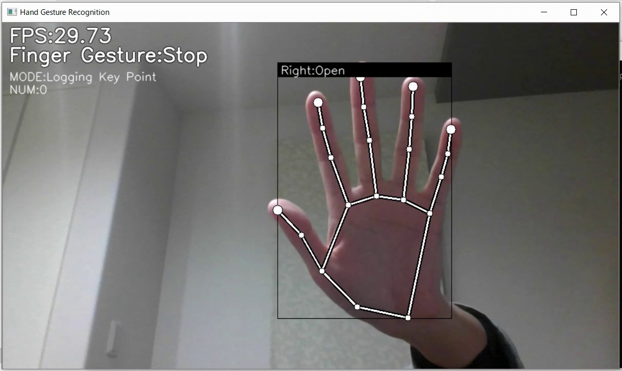 A webcam window showing a hand with MediaPipe landmark points connected, labeled with the recognized gesture