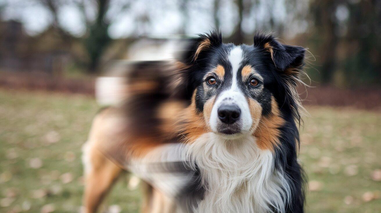 A photo of a dog shown with a blurred region beside a sharp region to illustrate image filtering