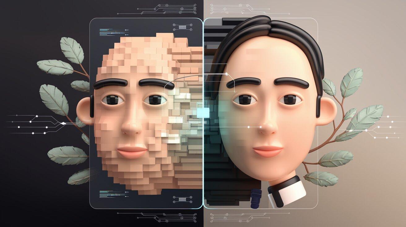 A face shown pixelated on one side and sharp on the other to illustrate super resolution