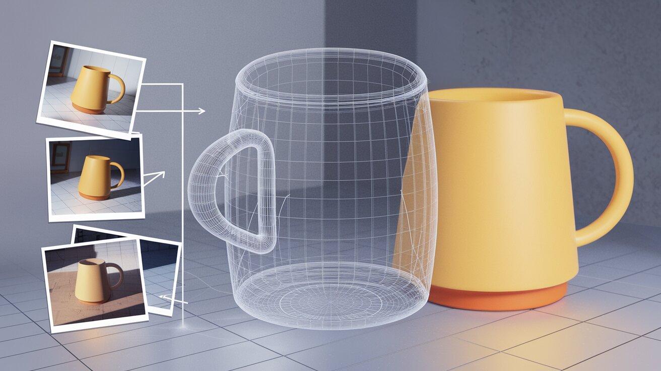 An illustration of several photos of a mug being reconstructed into a 3D wireframe and rendered model