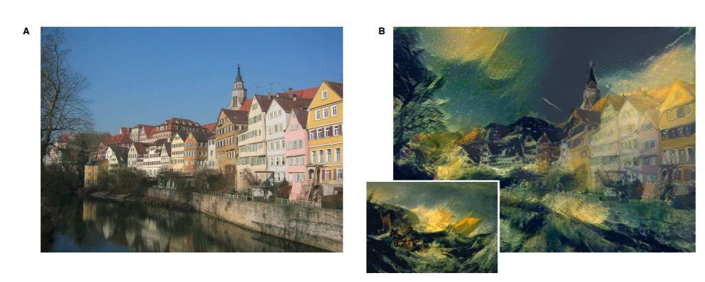 A photo of a riverside town beside the same scene restyled with the brushstrokes of a painting