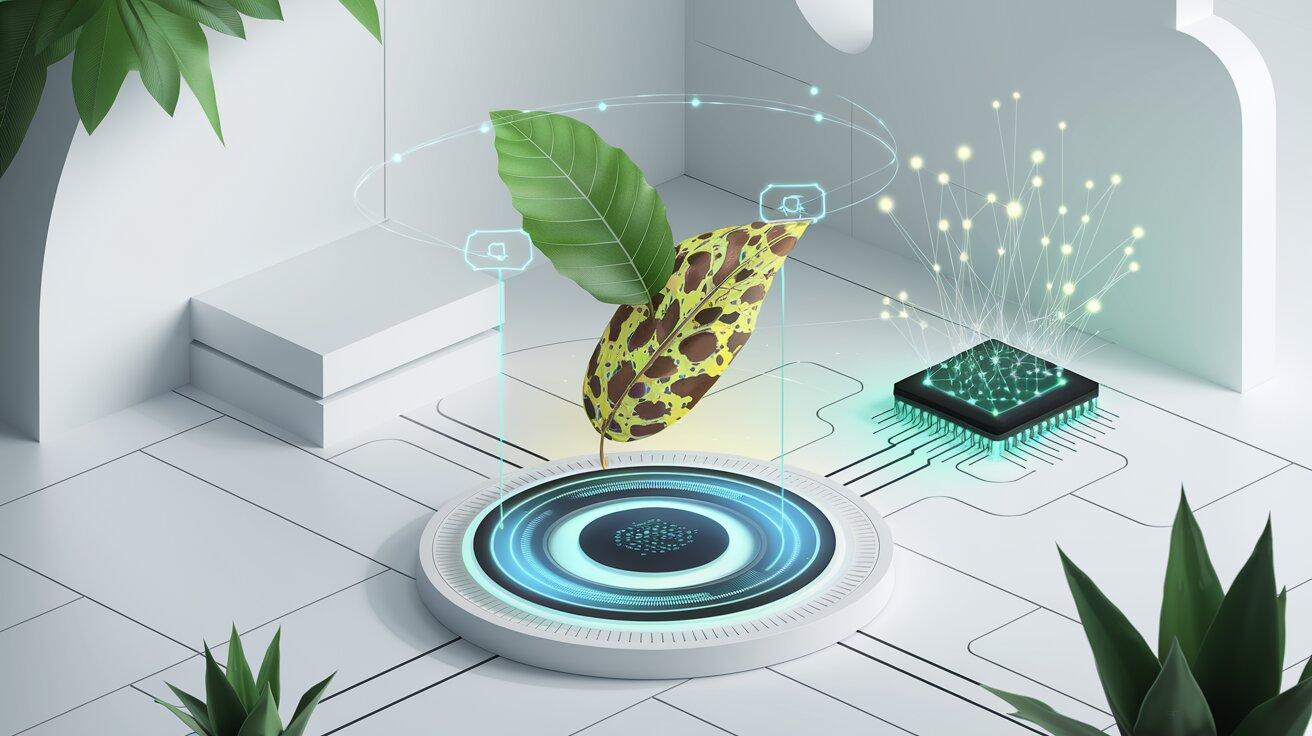 An illustration of a plant leaf being scanned by an embedded AI device