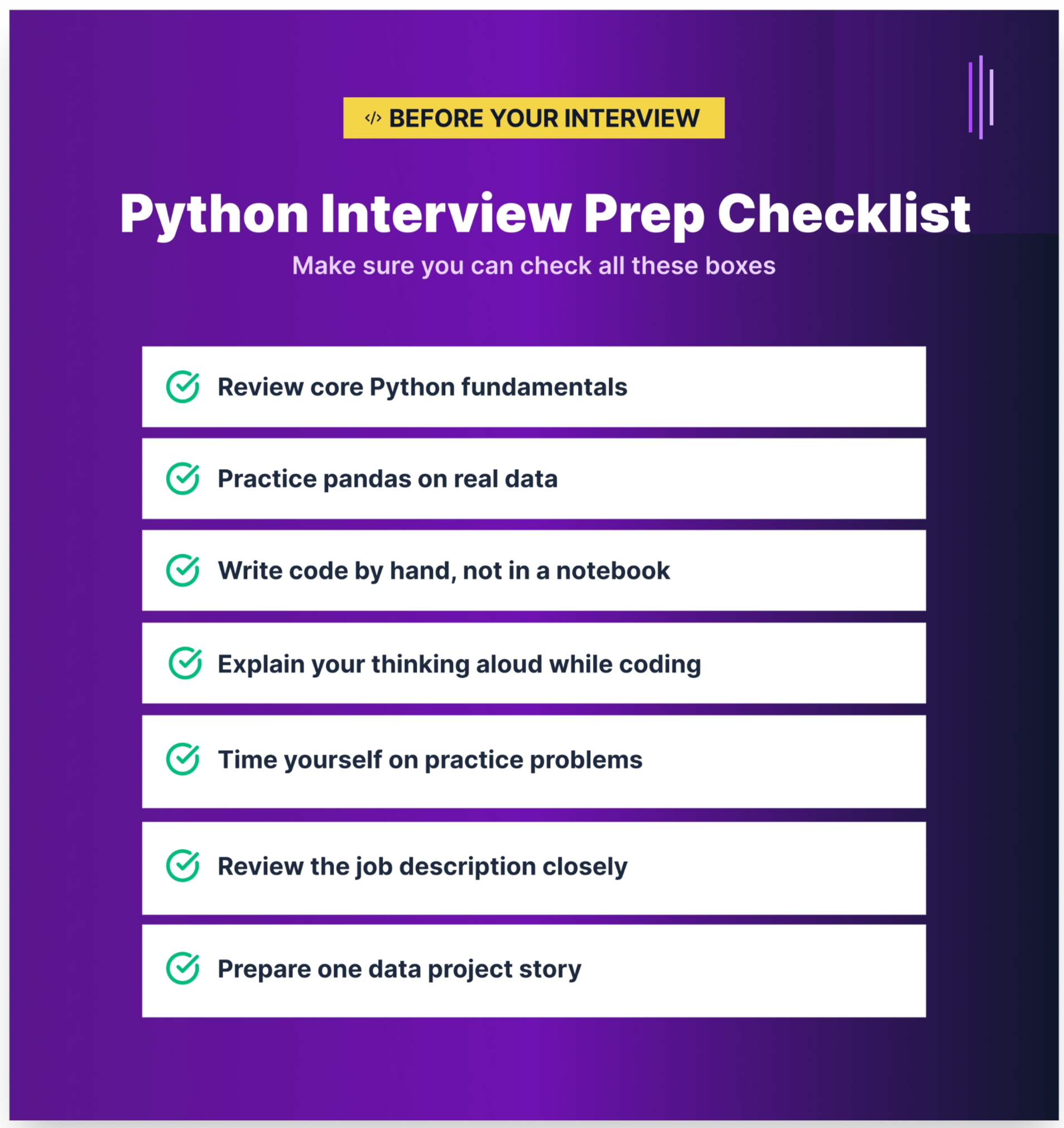 Checklist for preparing for a Python interview in a data role