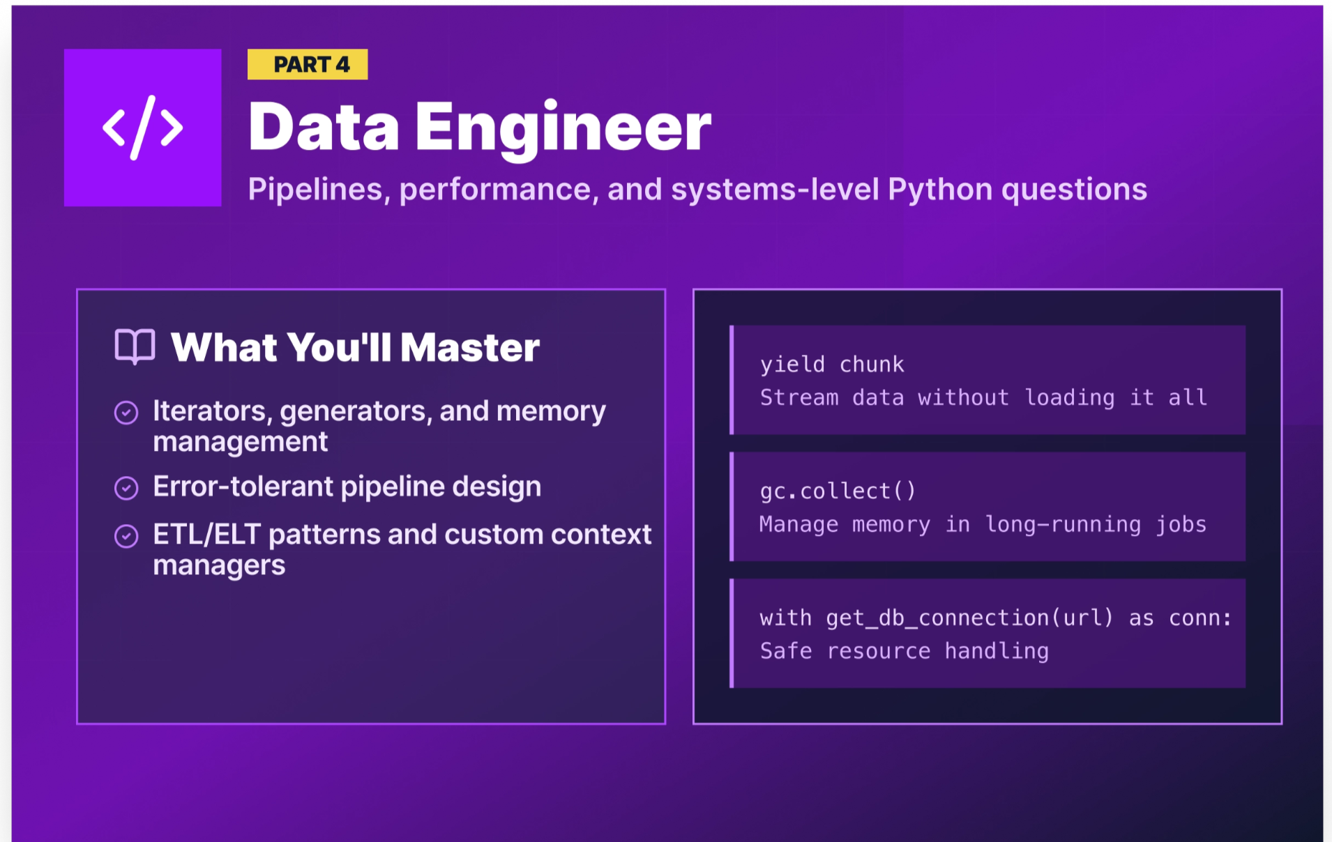 Part 4: Python interview questions for data engineer roles, covering generators, memory management and ETL