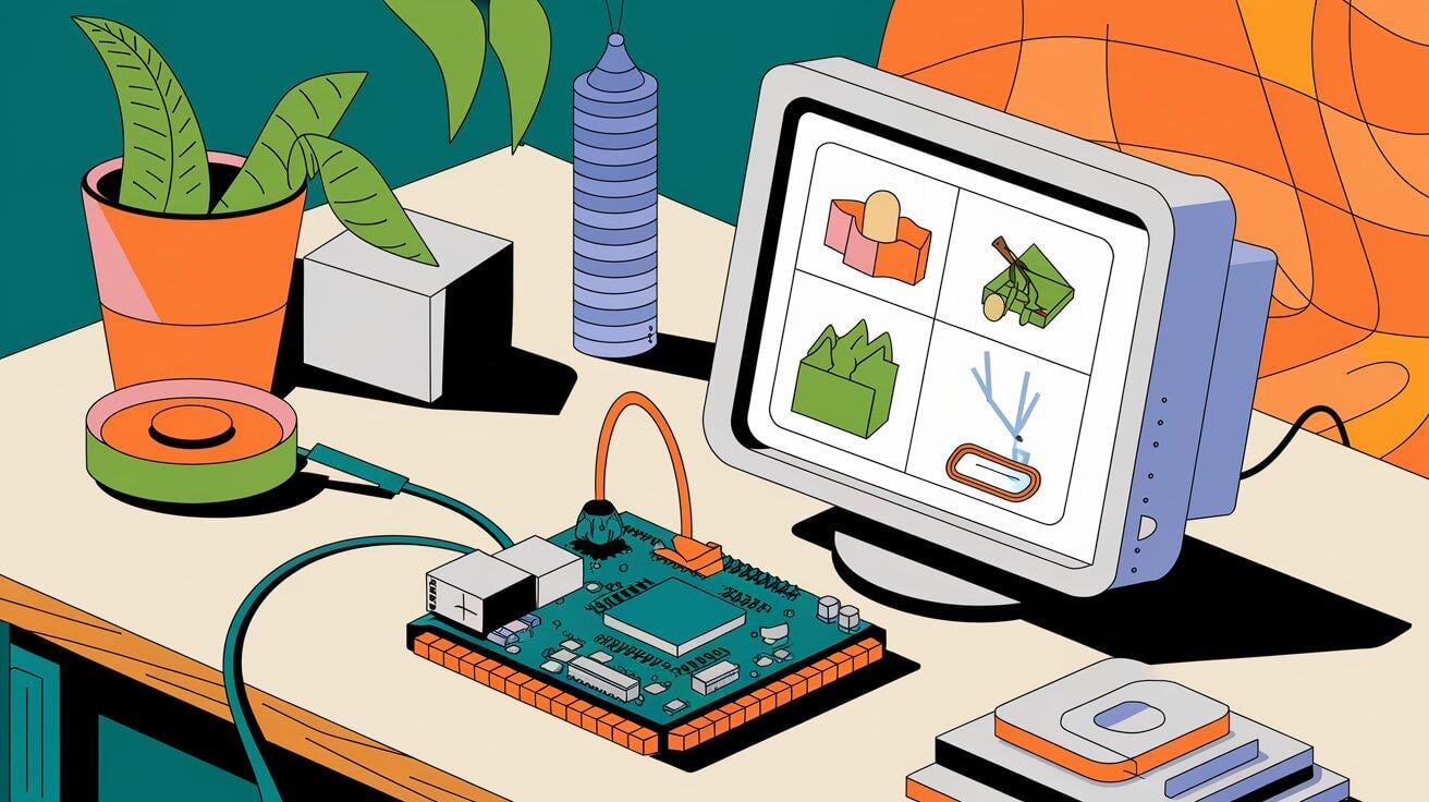 An illustration of a single board computer connected to a monitor running object detection