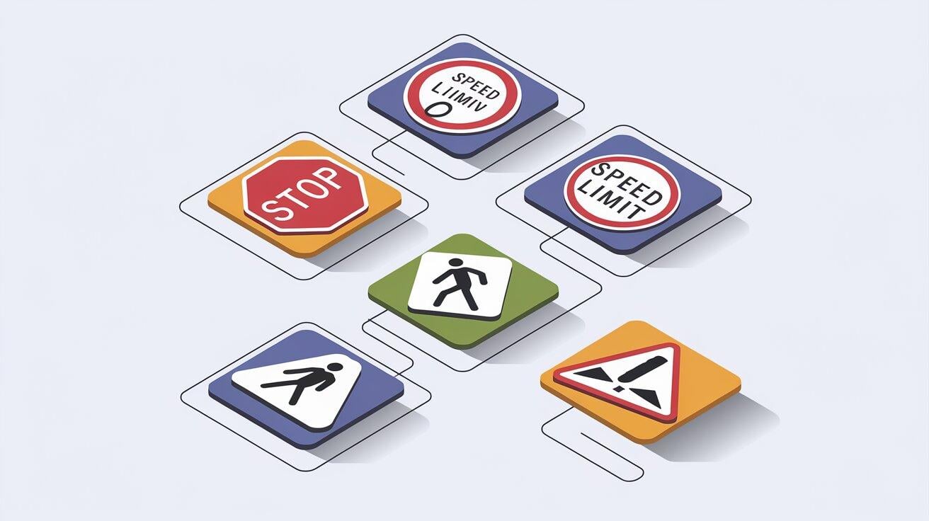 An illustration of assorted road signs including stop, speed limit, and pedestrian crossing