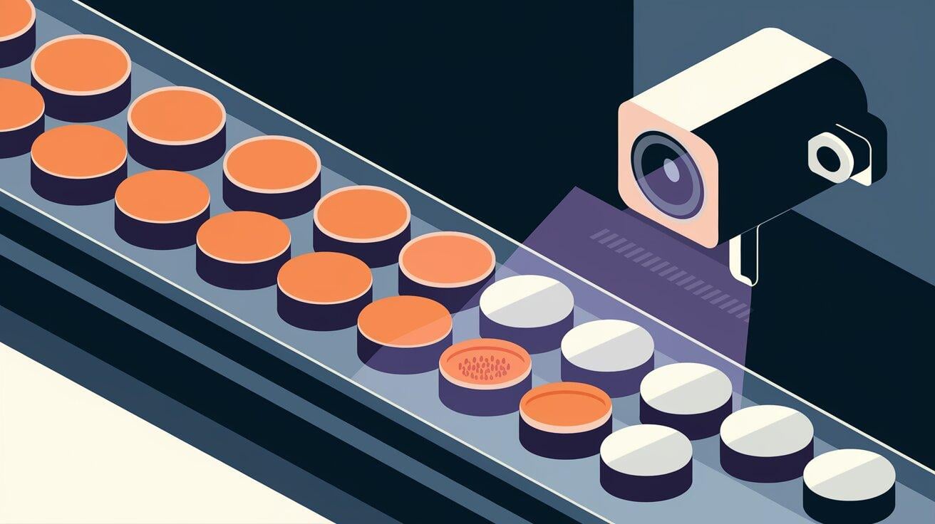 An illustration of a camera inspecting products moving along a factory conveyor belt
