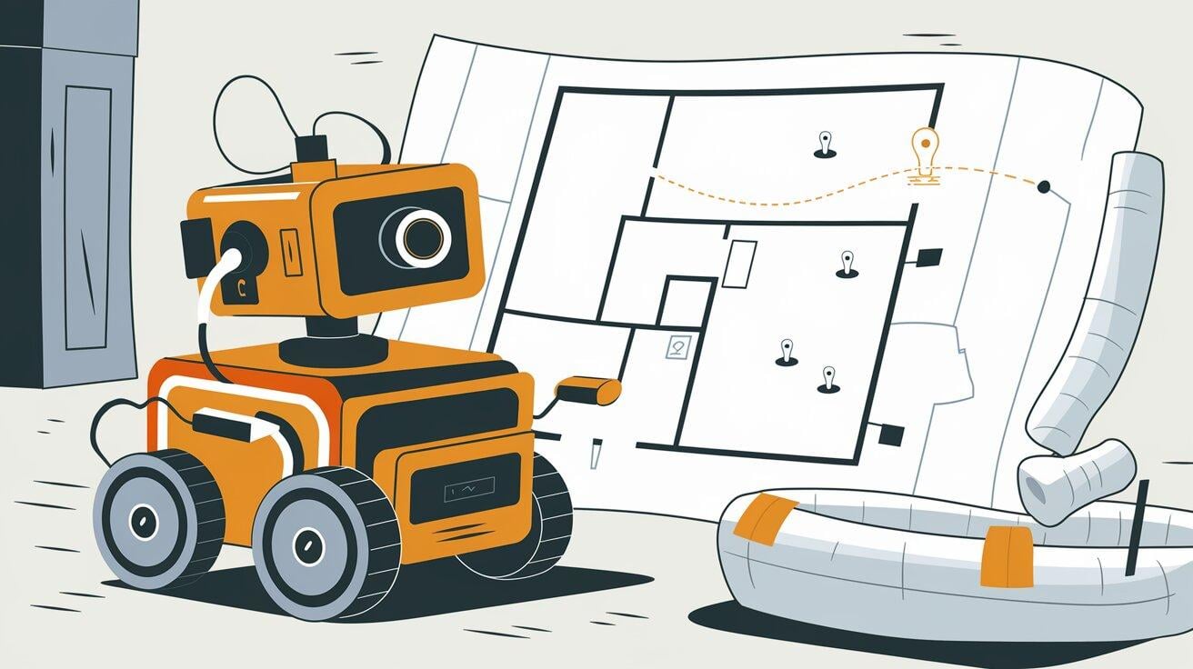 An illustration of a small robot building a floor plan map of its surroundings
